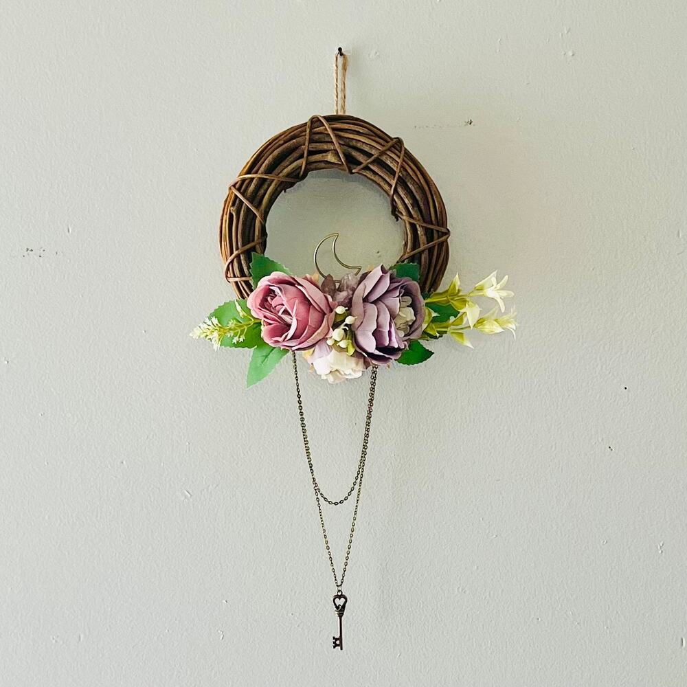 Handmade Floral Mini Wreath with Crystals, Moon & Chain Drop 6” Purple Pink